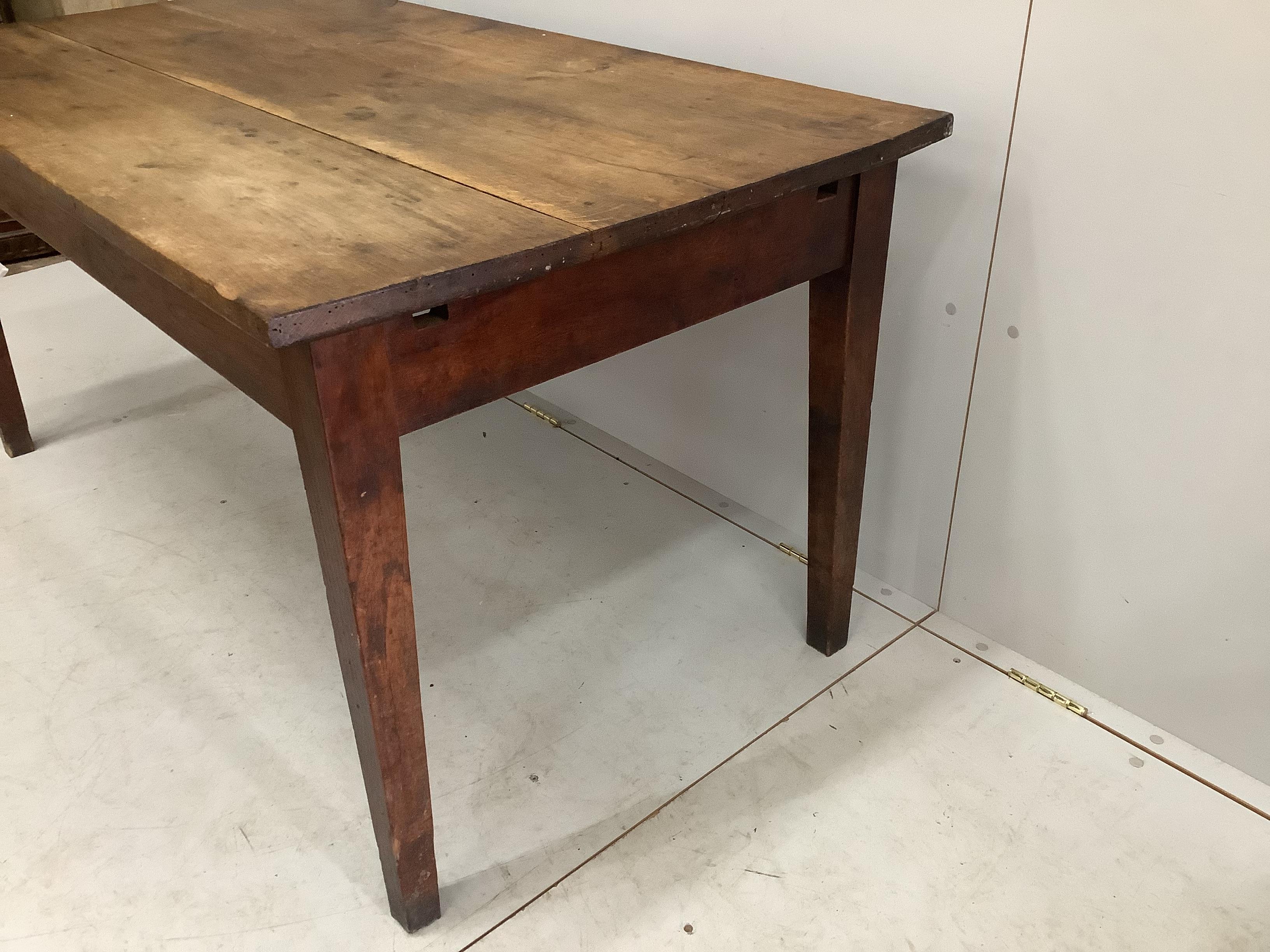 A 19th century French rectangular oak kitchen table, width 150cm, depth 79cm, height 73cm